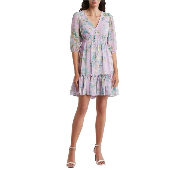 Taylor Dresses & Skirts - Taylor Purple Floral Long Sleeve V-Neck Smocked Waist Mini Dress
